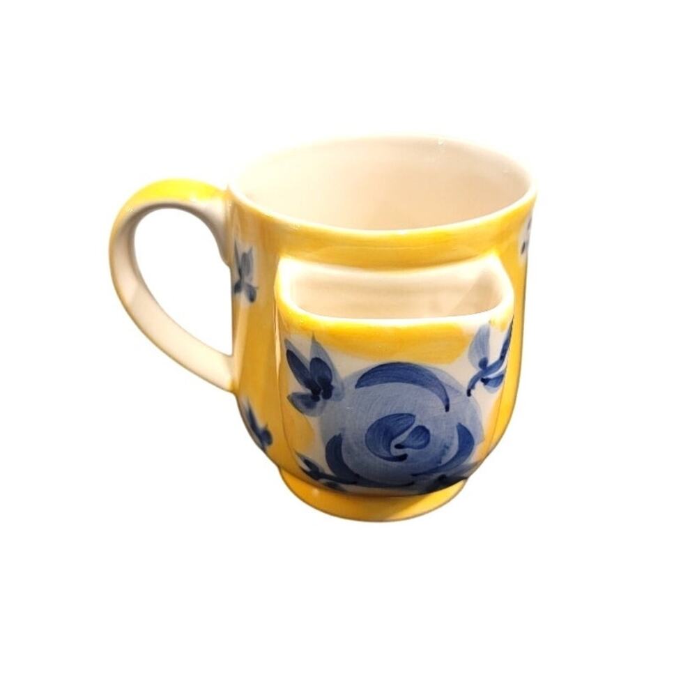 Hues N Brews Yellow Blue Ceramic Mug with‎ Side Teabag Pocket, Floral Design